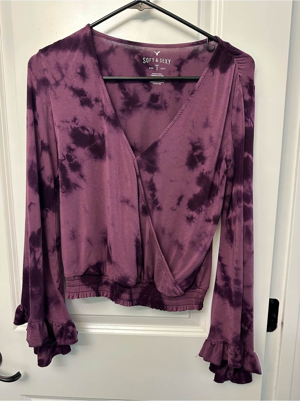 American Eagle Soft & Sexy Purple Tie Dye Faux Wrap Ruffle Sleeve Top XS